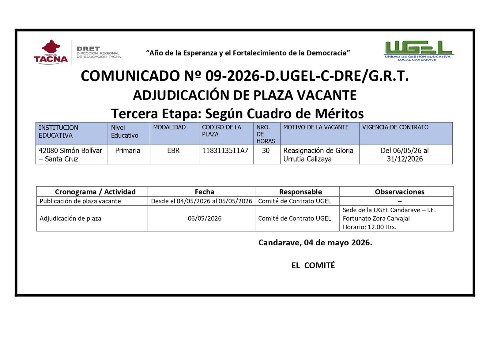 COMUNICADO Nº 09-2026-D.UGEL-C-DRE/G.R.T. ADJUDICACIÓN DE PLAZA VACANTE