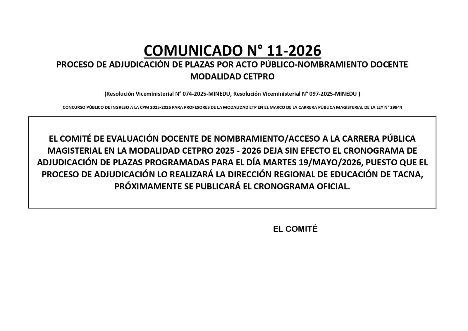 COMUNICADO N° 11-2026