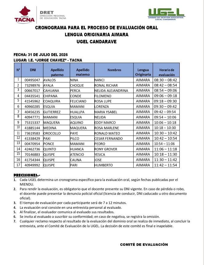 CRONOGRAMA PARA EL PROCESO DE EVALUACIÓN ORAL EDLO 2026