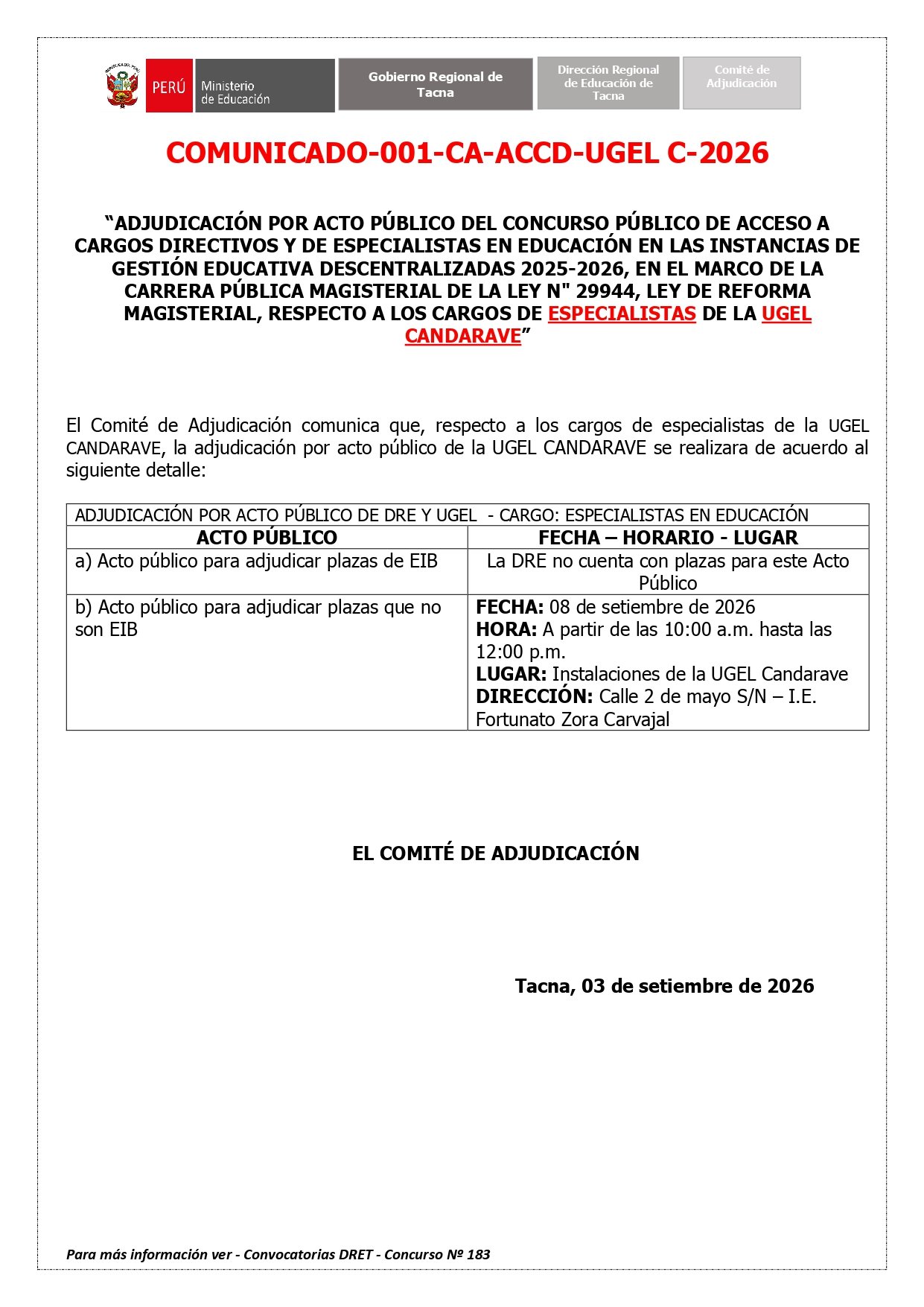 ADJUDICACIÓN POR ACTO PÚBLICO DEL CONCURSO PÚBLICO DE ACCESO A CARGOS DIRECTIVOS Y DE ESPECIALISTAS EN EDUCACIÓN EN LAS INSTANCIAS DE GESTIÓN EDUCATIVA DESCENTRALIZADAS 2025-2026